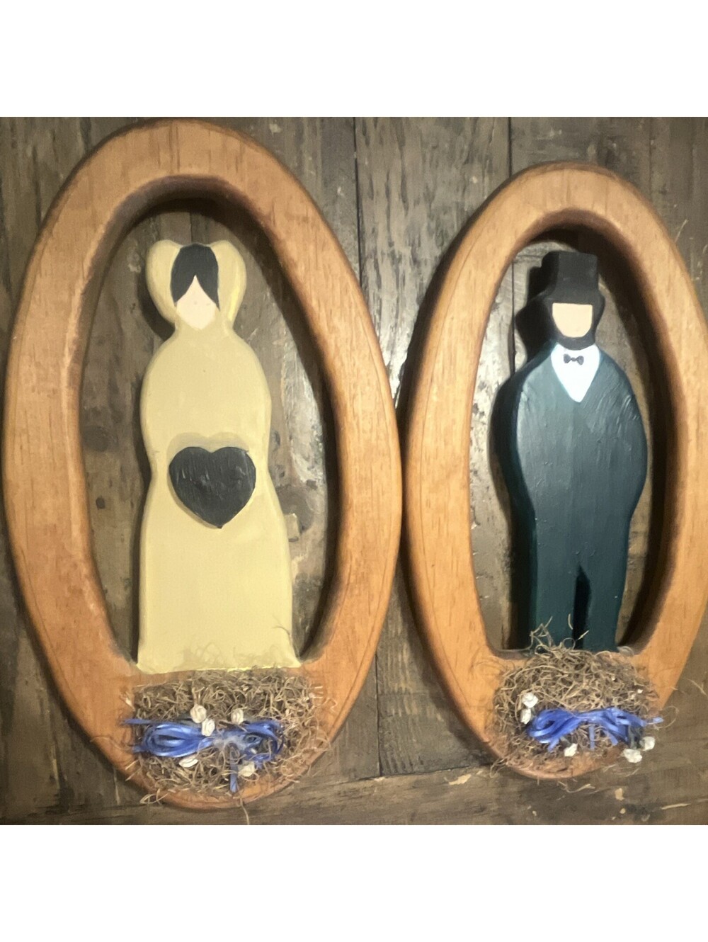 Vintage Folk Art Wood Bride Groom Wall Plaques Set Rustic Country Wedding Decor